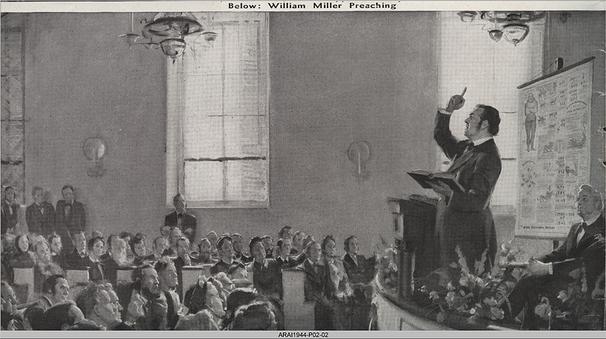 Artistic depiction of William Miller preaching about the end of the world...