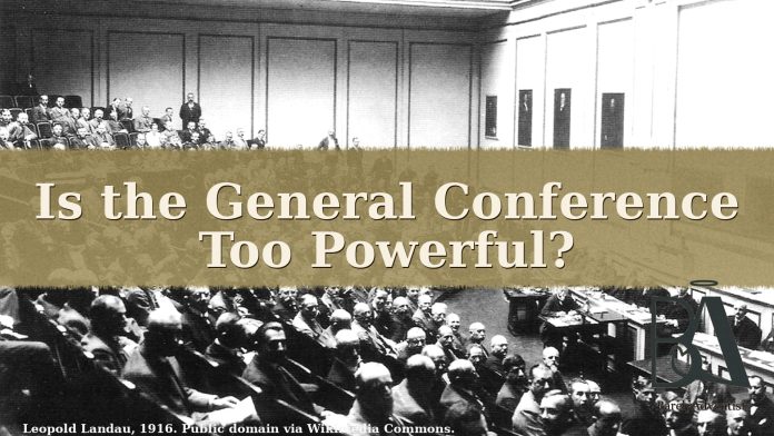 Historic Adventist church gathering with the title Is the General Conference Too Powerful?